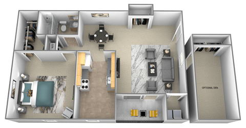 Floor plan for 1 bed, 1 bath, 728 sqft